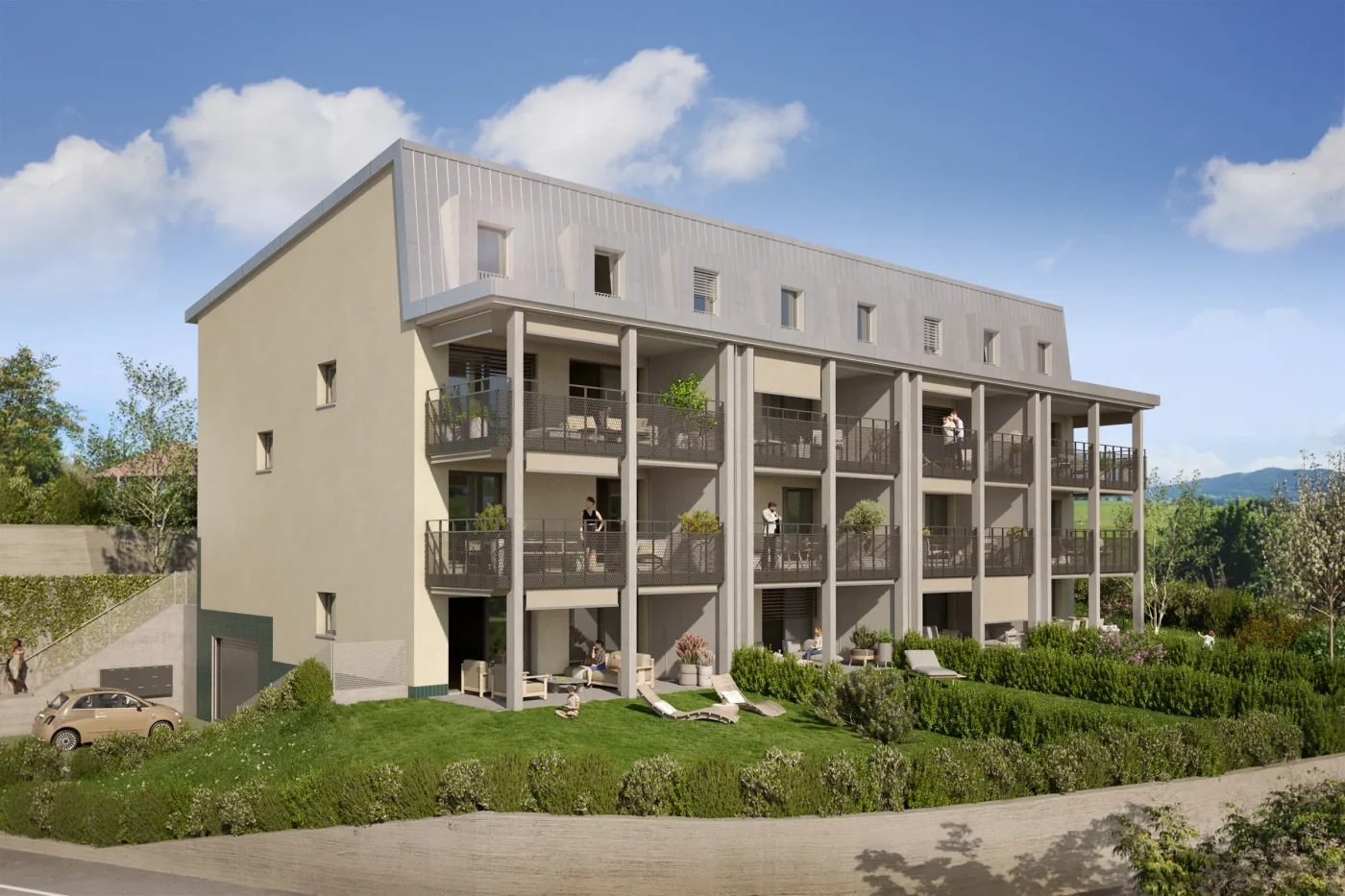 Le Centre 60 côté jardins, avec les balcons et terrasses