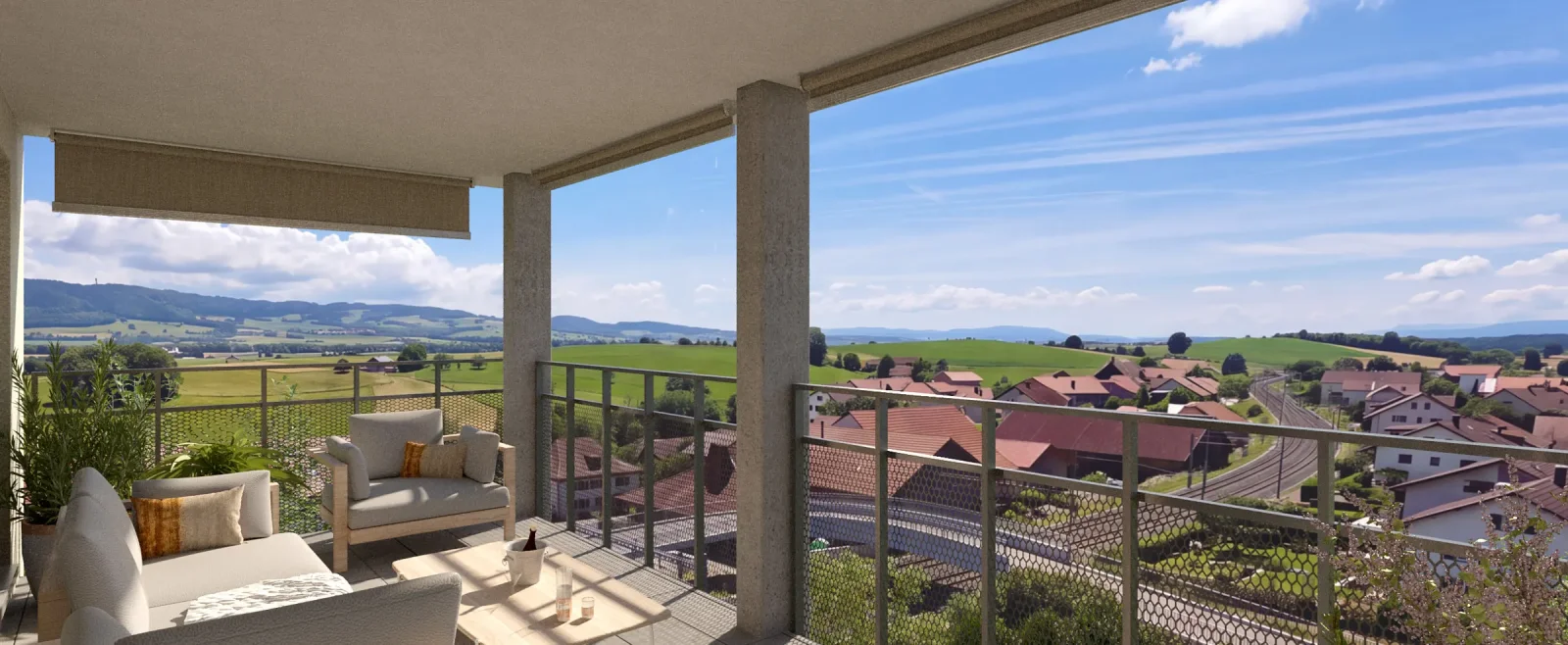 Vue sur la campagne fribourgeoise depuis un balcon