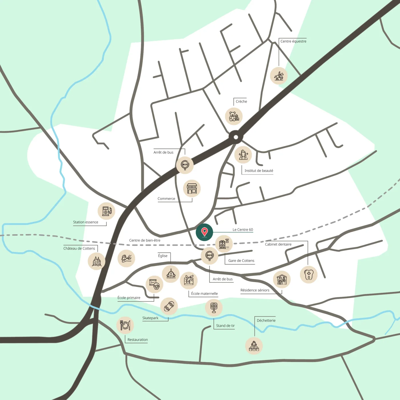 Plan de Cottens avec Le Centre 60 et les services à proximité : écoles, crèche, gare, arrêts de bus, commerces