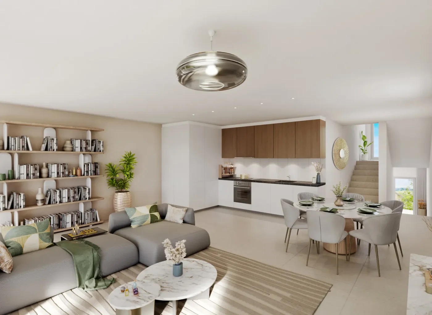 Séjour avec cuisine ouverte d’un appartement du Centre 60
